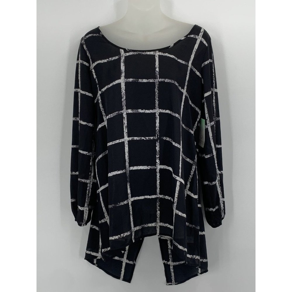 Decree Top Medium Black White Long Sleeve Scoop Neck Zip Back Elastic Sleeve